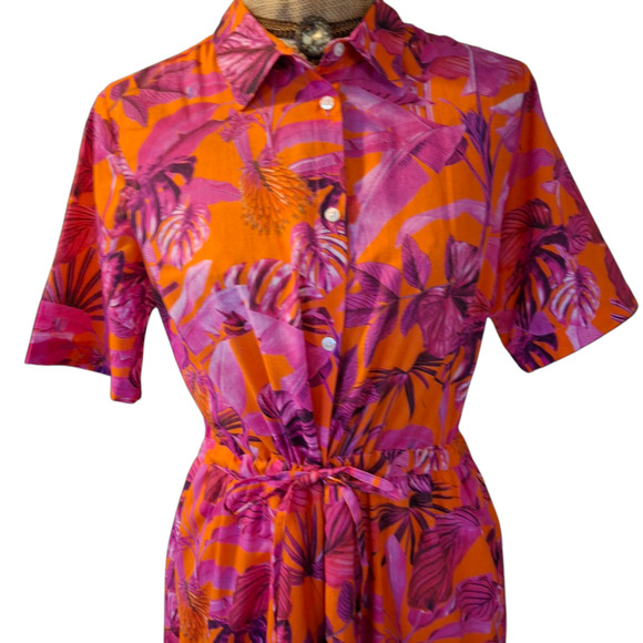Vilagallo pink and orange tropical floral short sleeve tiered maxi dress L - Picture 2 of 8